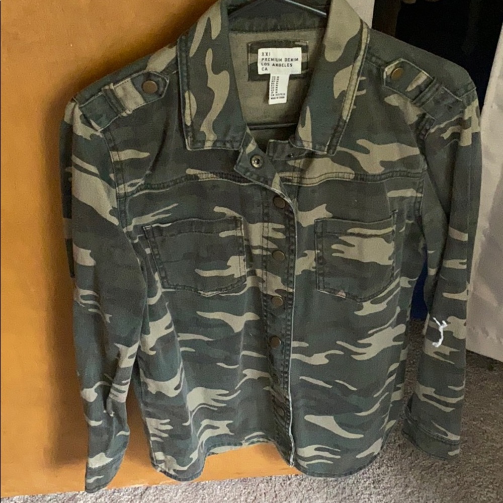 Camo long sleeve button down denim shirt